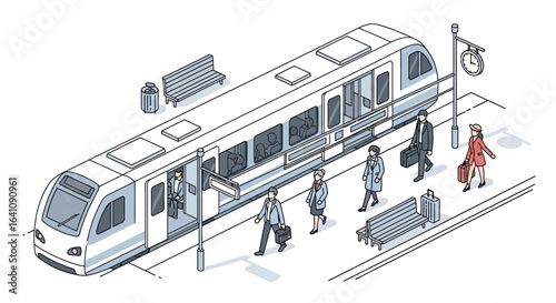 Modern Commuter Train with Passengers Boarding at Station Platform
