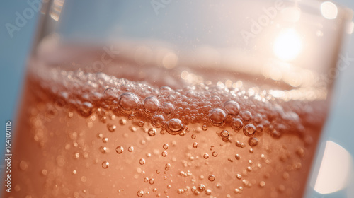 Macro close up of bubbles in a glass of pink sparkling rose wine in the sunlight