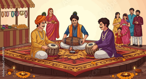 Musicians Playing Traditional Indian Percussion Instruments with Spectators
