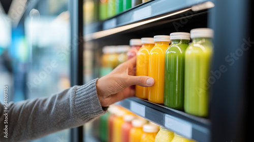 A person choosing a healthy bottle of juice from a refrigerated shelf in a supermarket