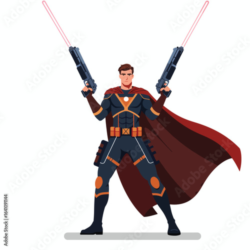 A powerful superhero character in a red cape, dual-wielding futuristic laser blasters. Sci-fi comic book style vector illustration.