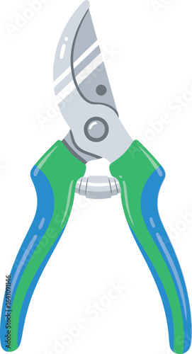 Bypass garden pruners with shiny metal blade and green and blue plastic handles