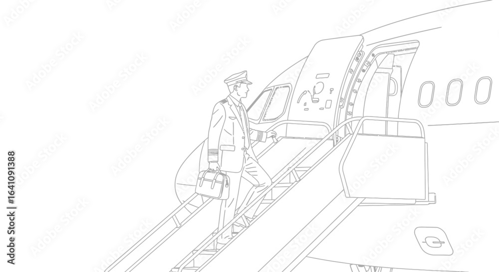 Fototapeta premium Pilot Ascending Airplane Stairs with Briefcase, Professional Aviation Attire