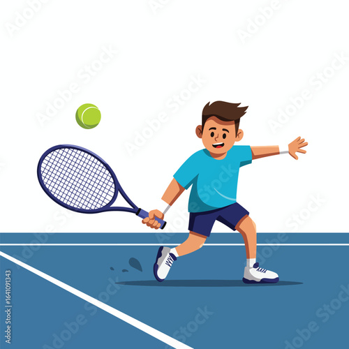 Young athlete boy hitting a tennis ball with a forehand swing on a blue court. Cartoon vector illustration of a child enjoying a sport.