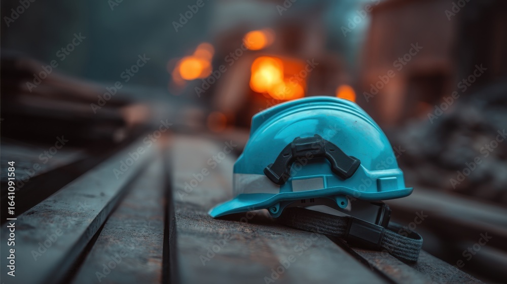 Fototapeta premium A blue hard hat rests on a weathered wooden surface with industrial equipment glowing in the warm orange yellow backgrou