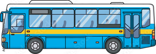Side profile illustration of a modern blue and yellow public transport city bus with large windows
