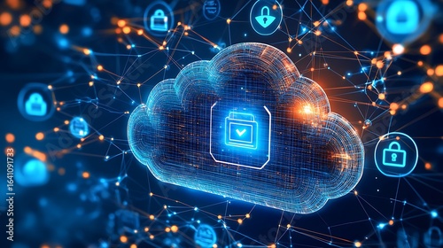 A secure cloud tunnel surrounded by floating encryption icons 