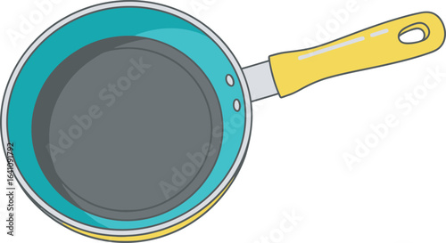 Topdown view of a colorful cartoon frying pan with a teal exterior grey nonstick surface and a yellow handle