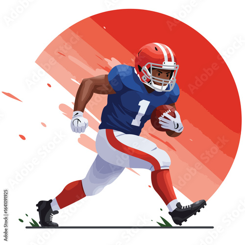 Dynamic vector illustration of an American football player in action, running with the ball on the field against a red background