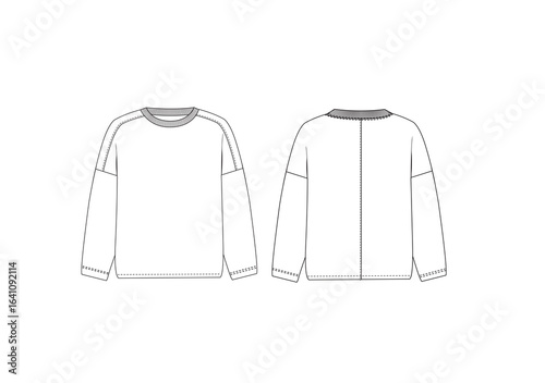 Unisex Crew neck with drop shoulders, long sleeves, ribbed cuffs and hem, sketch front and back, vectors, sketch