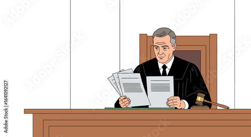 Serious Judge in Robes Examining Legal Documents with Gavel Nearby