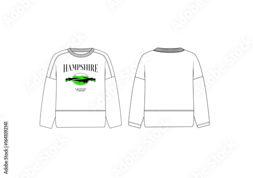 Unisex Crew neck with drop shoulders, long sleeves, ribbed cuffs and hem, sketch front and back, vectors, sketch