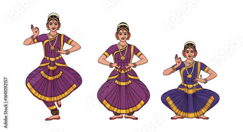 Set of three Indian classical dancers in purple and gold traditional costumes performing Bharatanatyam poses.
