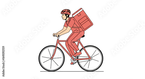 Side view of a delivery courier in a red uniform and helmet, riding a bicycle with a large thermal backpack.
