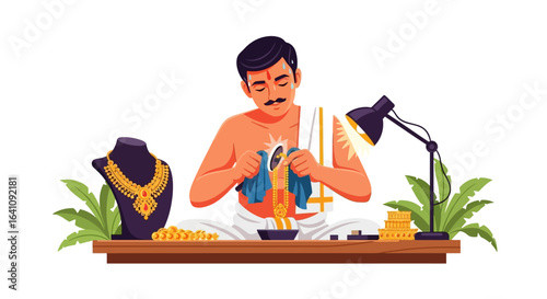 Skilled Artisan Carefully Polishing Ornate Gold Necklace Under Bright Lamp