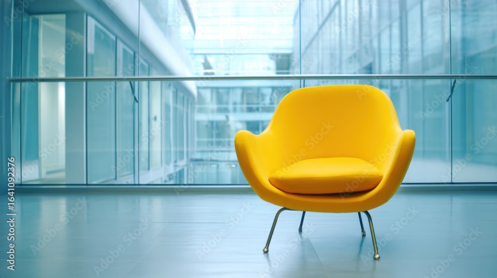 Fototapeta premium A modern office space features a sleek yellow armchair with a matching cushion, metal legs,