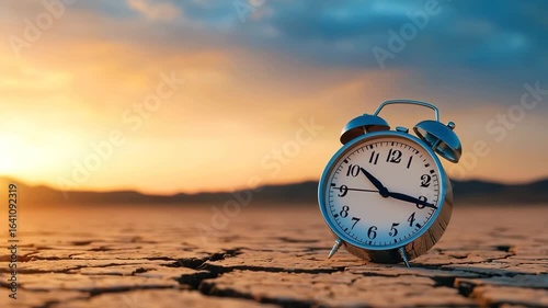 Alarm clock time cracked earth drought climate sunrise urgency environmental crisis concept hope dramatic sky emotional nature
