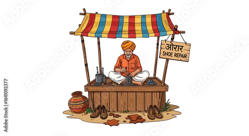 Skilled Cobbler Working Under Colorful Canopy at Shoe Repair Stall