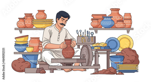 Skilled potter with a mustache in traditional attire shaping a clay pot on a potter's wheel.