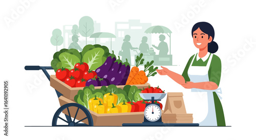 Smiling female vendor in a green apron selling fresh vegetables from a wooden cart at a local farmers market.