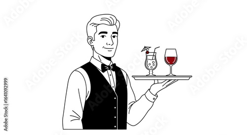 Smiling Male Waiter in Uniform Holding Tray with Cocktail and Red Wine Glass Line Art