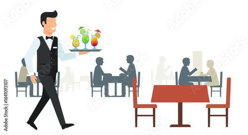 Smiling Waiter in Vest and Bow Tie Carries Tray of Colorful Cocktails