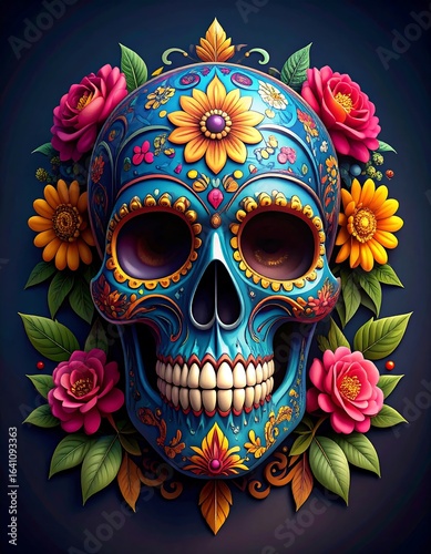 Colorful skull adorned with flowers (1)