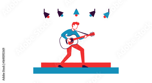 Stylized musician with red hair playing an acoustic guitar on a colorful stage under spotlights.