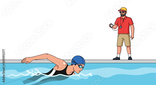 Swimmer in blue cap and goggles practices freestyle stroke with coach timing