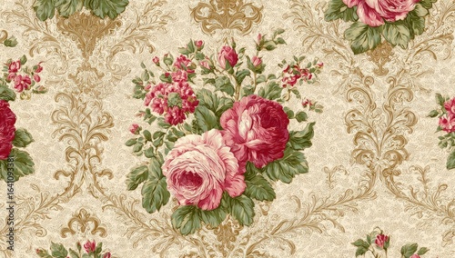 Elegant floral fabric roses damask design background textile
