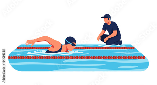 Swimmer in blue cap and goggles practicing freestyle stroke in a pool, observed by a kneeling coach.