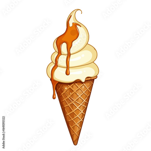 Delicious Swirl of Creamy Vanilla Soft Serve Ice Cream Drizzled with Rich Caramel Sauce in a Classic Cone