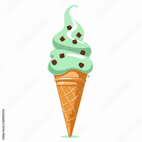 Delightful Mint Chocolate Chip Ice Cream Cone: A Classic Dessert with a Creamy Texture and Rich Flavor, Perfect for Summer Treats and Indulgence