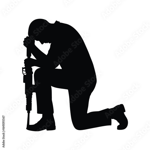 Silhouette of a kneeling man embracing a jackhammer depicting hard work exhaustion or prayer