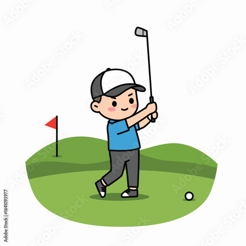 A cheerful cartoon boy in a cap and blue shirt swings a golf club on a green golf course with a red flag.