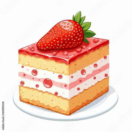 Delicious Strawberry Shortcake Slice with Juicy Red Berries on Top, Showcasing a Layered Design of Cream and Sponge Cake on a White Plate