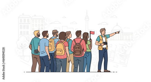 Tour Guide Leading Group of Tourists with Backpacks and Camera