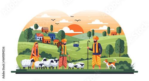 Traditional Indian Farmers and Shepherdess with Sheep and Dog, Flat Style