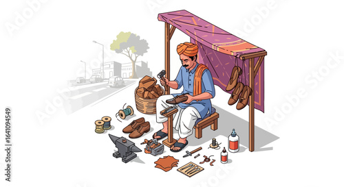 Traditional Indian cobbler with a mustache and turban repairing a leather shoe at his roadside stall.