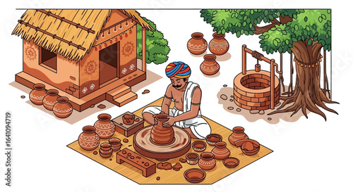 Traditional Indian potter crafting terracotta pots on a spinning wheel, surrounded by earthenware in a vibrant village scene.