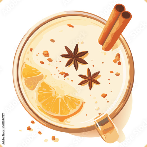 Eggnog with cinnamon stick, star anise, and orange slices in a glass, flatlay, top view, vector on white background. Vector illustration of Christmas beverage on white background