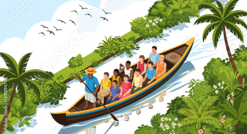 Traditional Kerala houseboat journey with diverse passengers and lush tropical scenery