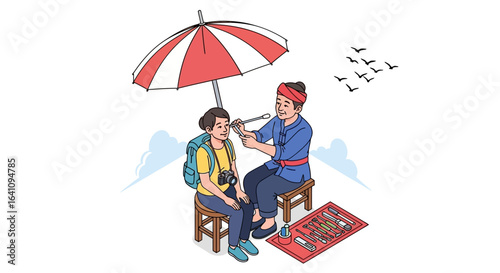 Traditional Street Ear Cleaning Service for a Tourist Under Striped Umbrella