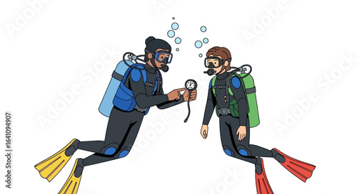Two cartoon scuba divers in full gear communicating, one pointing at a pressure gauge.