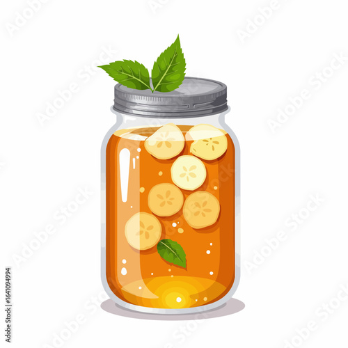 A Refreshing Jar of Homemade Banana Infused Beverage with Slices of Fresh Fruit and Green Mint Leaves for a Flavorful Drink Experience