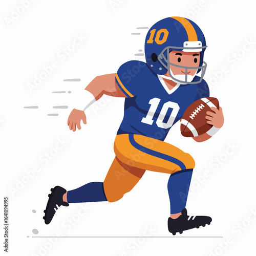 Dynamic cartoon illustration of an American football player in a blue and gold uniform, running with the ball.