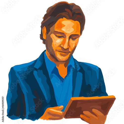 Businessman using tablet and focused in casual blue attire  