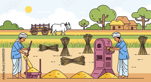 Two Indian farmers in traditional dhoti and turban processing harvested wheat in a rural village landscape.