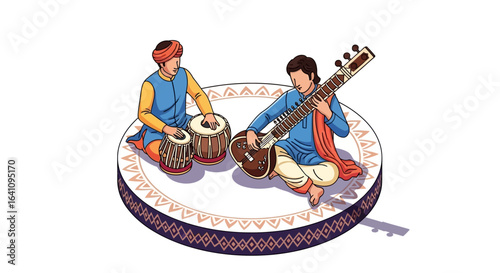 Two Indian musicians in traditional attire playing classical music with sitar and tabla.