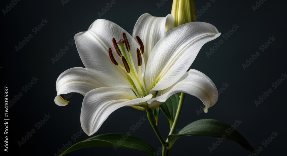 A beautiful white lily flower with delicate petals and green stem against a dark background, showcasing its natural elegance
